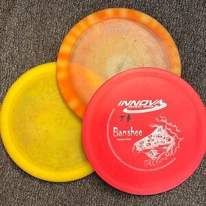 Innova Banshee, Innova Valkyrie, Discraft Crush disc golf set.